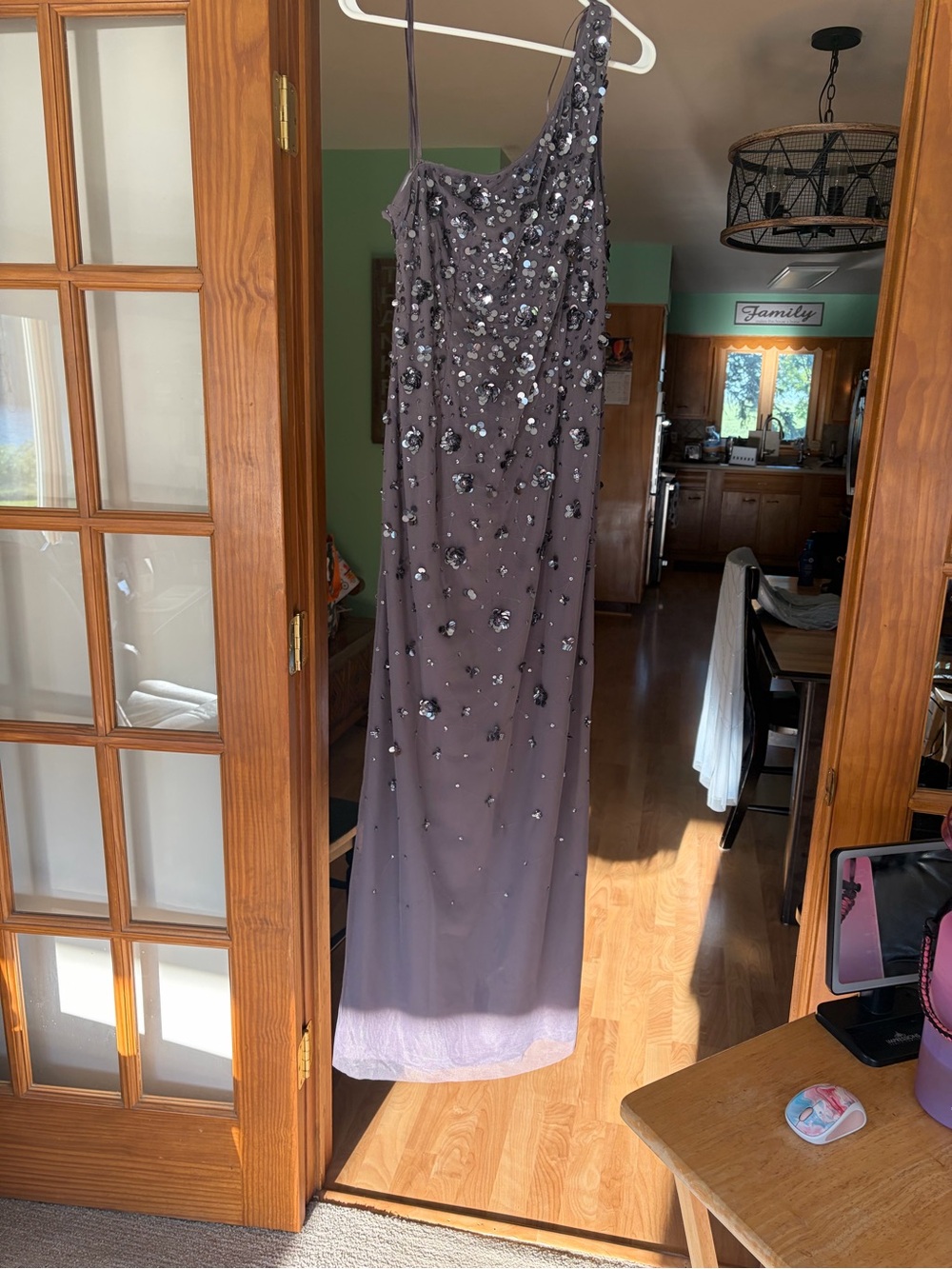 Adrianna Papell One-Shoulder Beaded Evening Gown in Dusty Lavender